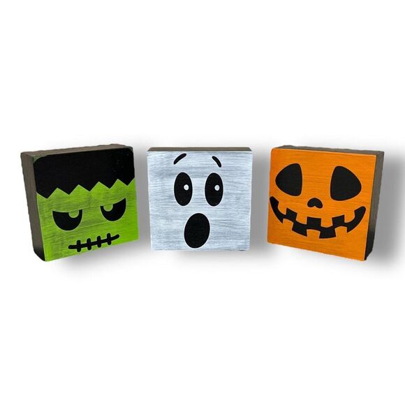 Halloween Box Sign Decor Set Frankenstein/Ghost/Jack-o-lantern Handmade - Picture 1 of 5